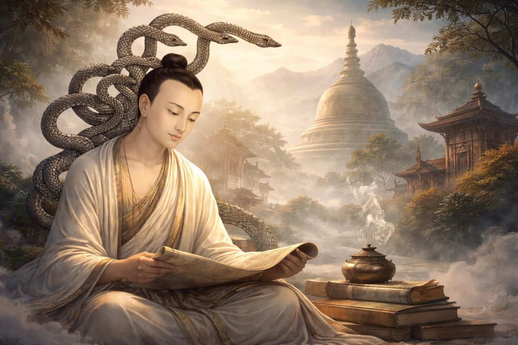 Nagarjuna dan Madhyamaka: Analisis Sunyata, Dua Kebenaran, dan Relevansinya dengan Indonesia (Ilustrasi: ChatGPT) Ikonografi Nagarjuna dalam tradisi Buddhadharma Mahayana. Nagarjuna dan Madhyamaka.