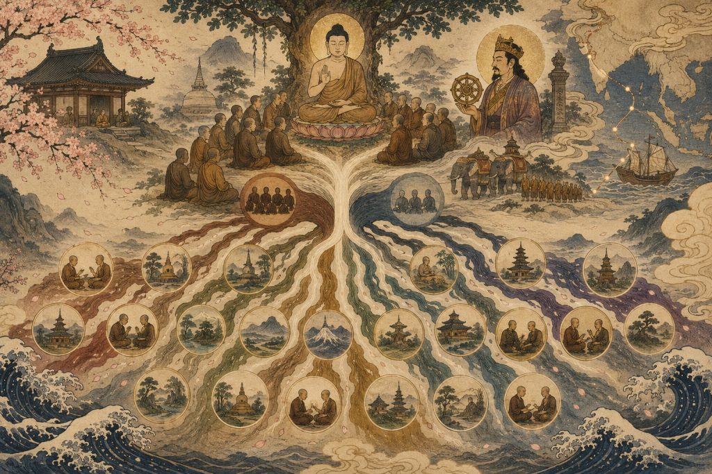 Sejarah Agama Buddha dimulai dari Siddhartha Gautama yang membentuk komunitas para siswa monastiknya yang disebut Sangha. Dari Satu Sangha kelak berkembang menjadi banyak aliran pemikiran. Angka tradisional yang dipakai adalah 18 aliran.