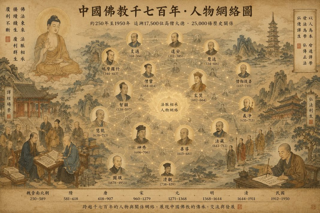 Sejarah Chinese Buddhism Pemetaan Jejaring 1700 Tahun (Ilustrasi: ChatGPT) Sejarah Chinese Buddhism melalui pemetaan jejaring Buddhadharma selama 1.700 tahun di Tiongkok.